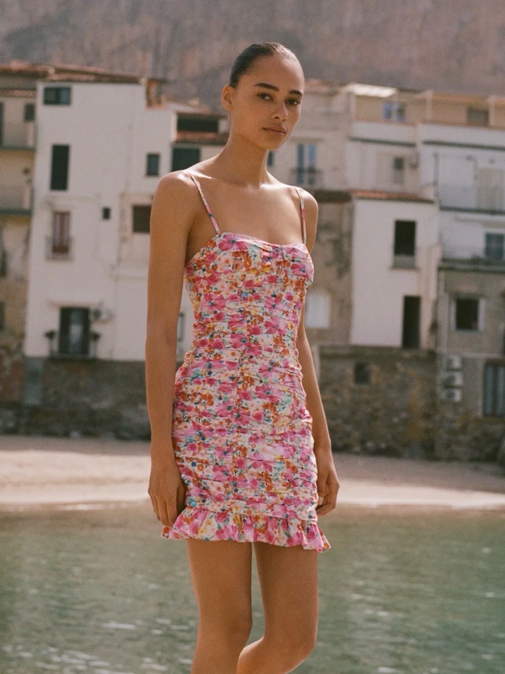 Zara Floral Print Draped Mini Pink Dress